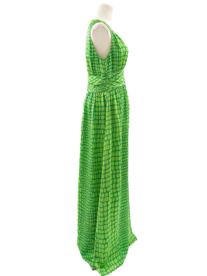 Excellent Moschino Green Silk Long Dress Size L V-Neck Geometric Pattern