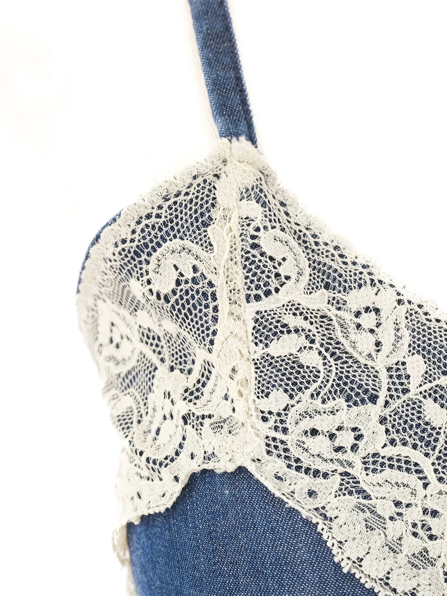 liu jo blue denim dress size s spaghetti straps lace details