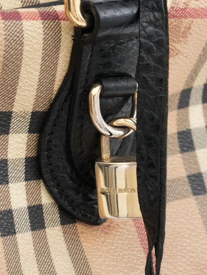 Excellent Burberry Plaid Handbag Black Leather Accents Women