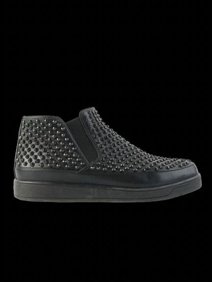 Good Prada Black Leather Slip-On High-Top Sneakers Size 38 with Studs