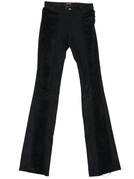 Excellent Roberto Cavalli Black Silk Pants with Fringed Details Size M