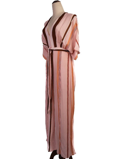 Average Condition Uterque Pink Striped Dress Size S V-Neck Wide Sleeves