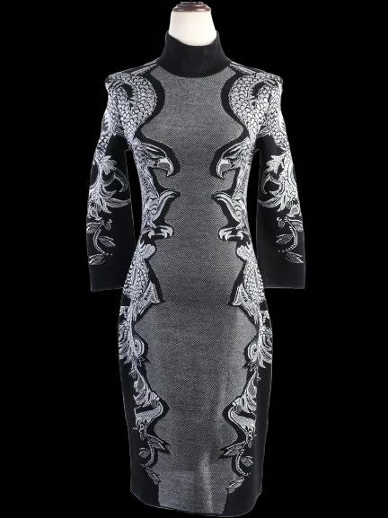 excellent roberto cavalli black knit dress m with intricate white patterns