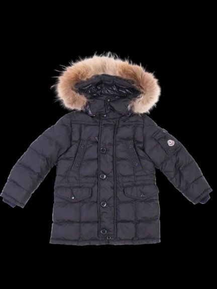excellent moncler kids winter coat blue polyester size 4 with fur hood