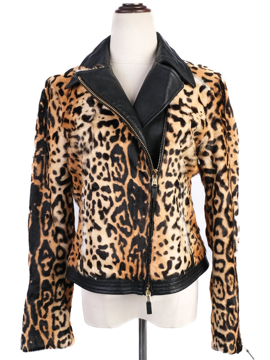 Excellent Etro Leopard Print Leather Jacket with Black Accents Size M