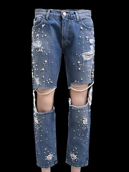 EXCELLENT Onedress Onelove Blue Distressed Jeans Size S with Pearls