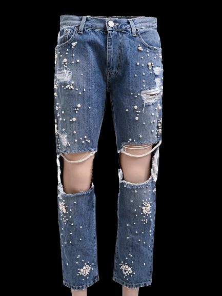 EXCELLENT Onedress Onelove Blue Distressed Jeans Size S with Pearls