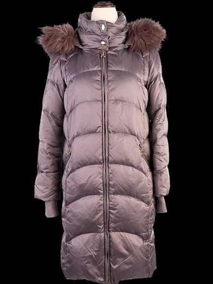 good patrizia pepe gray puffer coat xs with fur-trimmed hood