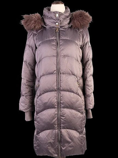 Good Patrizia Pepe Gray Puffer Coat XS with Fur-Trimmed Hood