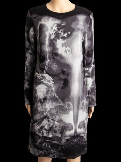 Good Alexander McQueen Gray Silk Dress Long Sleeve Stormy Print