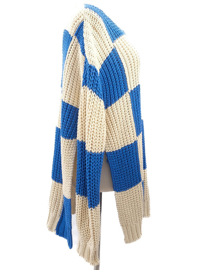 Excellent Jil Sander Chunky Knit Sweater Blue Beige Checkered XXL