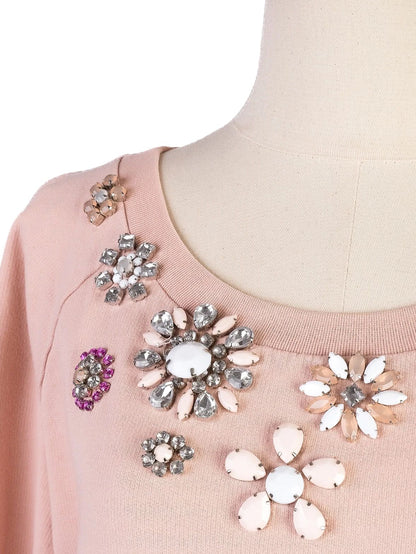 Excellent Intrend Pink Cotton Sweater Size S with Floral Embellishments
