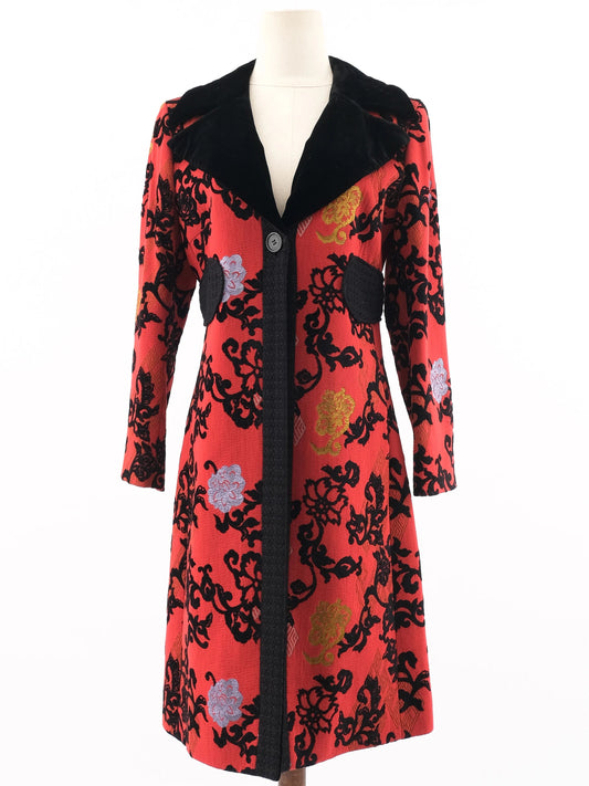 Excellent Etro Red Wool Floral Patterned Coat Size M