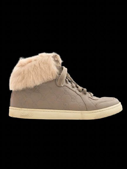 Excellent Gucci Gray Leather High-Top Sneakers with Fur Lining, Size 37