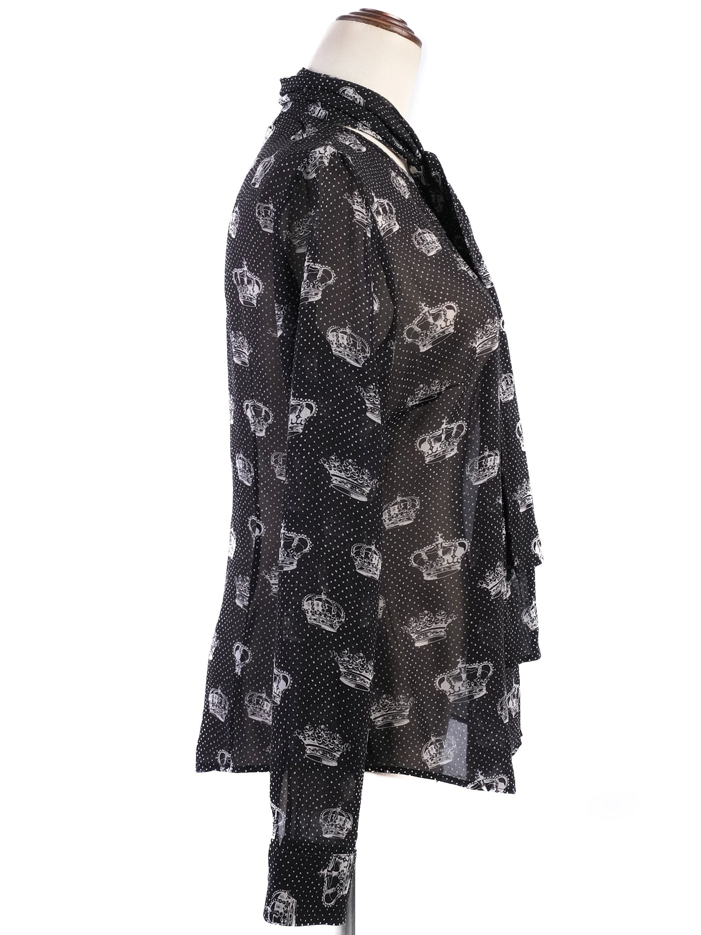excellent red valentino black silk sheer blouse with crown print