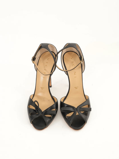 Excellent Vicini Black Leather High-Heeled Shoes Size 37.5 with Bow