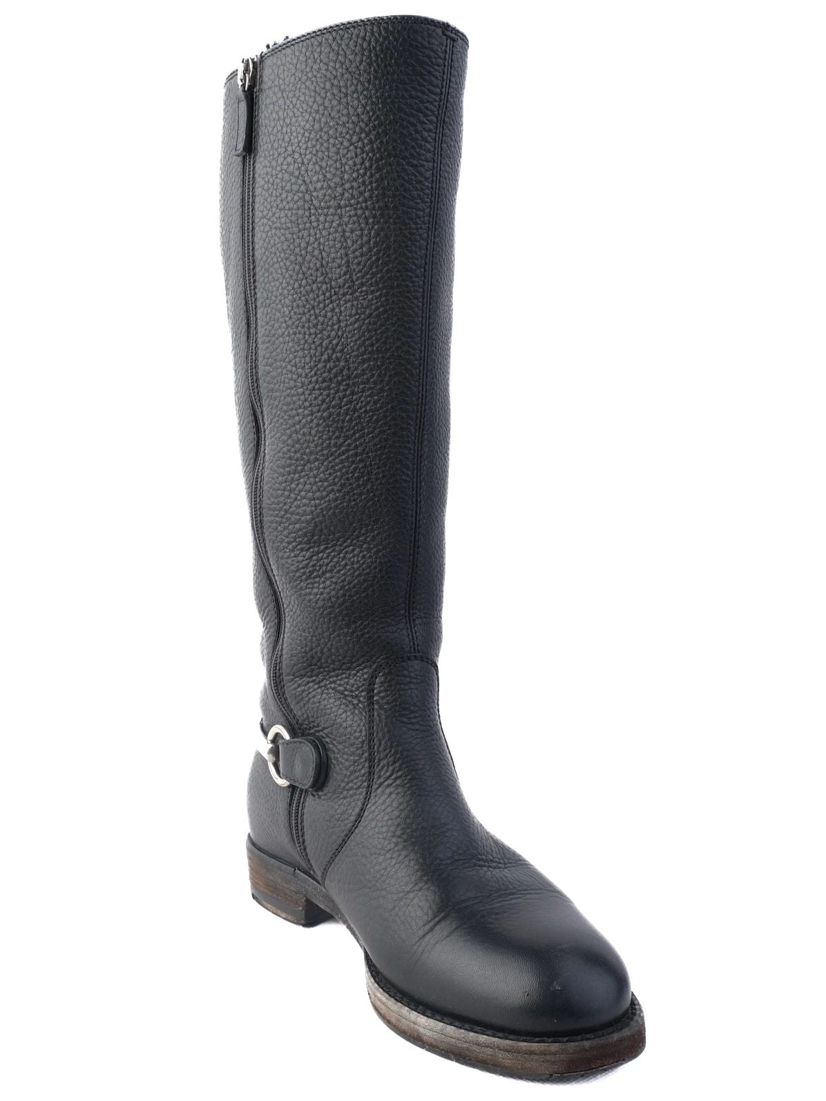 excellent gucci black leather knee-high boots with silver buckle detail