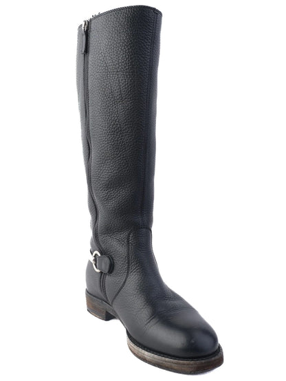 Excellent Gucci Black Leather Knee-High Boots with Silver Buckle Detail