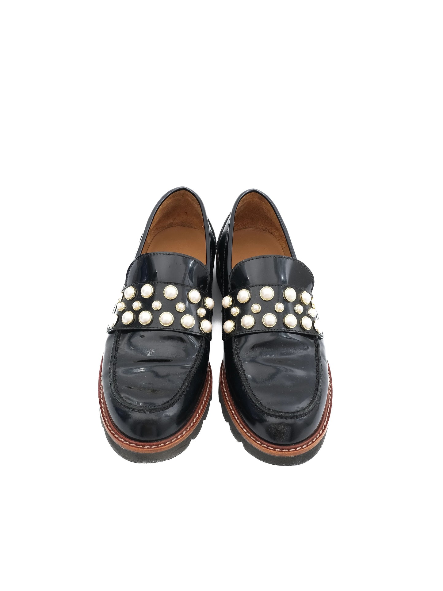 excellent stuart weitzman black leather loafers size 36.5 with pearls & studs