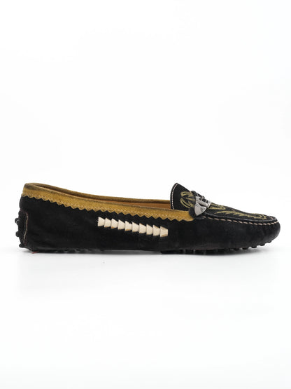 Excellent Tod's Black Leather Moccasins Size 39 with Yellow Detailing