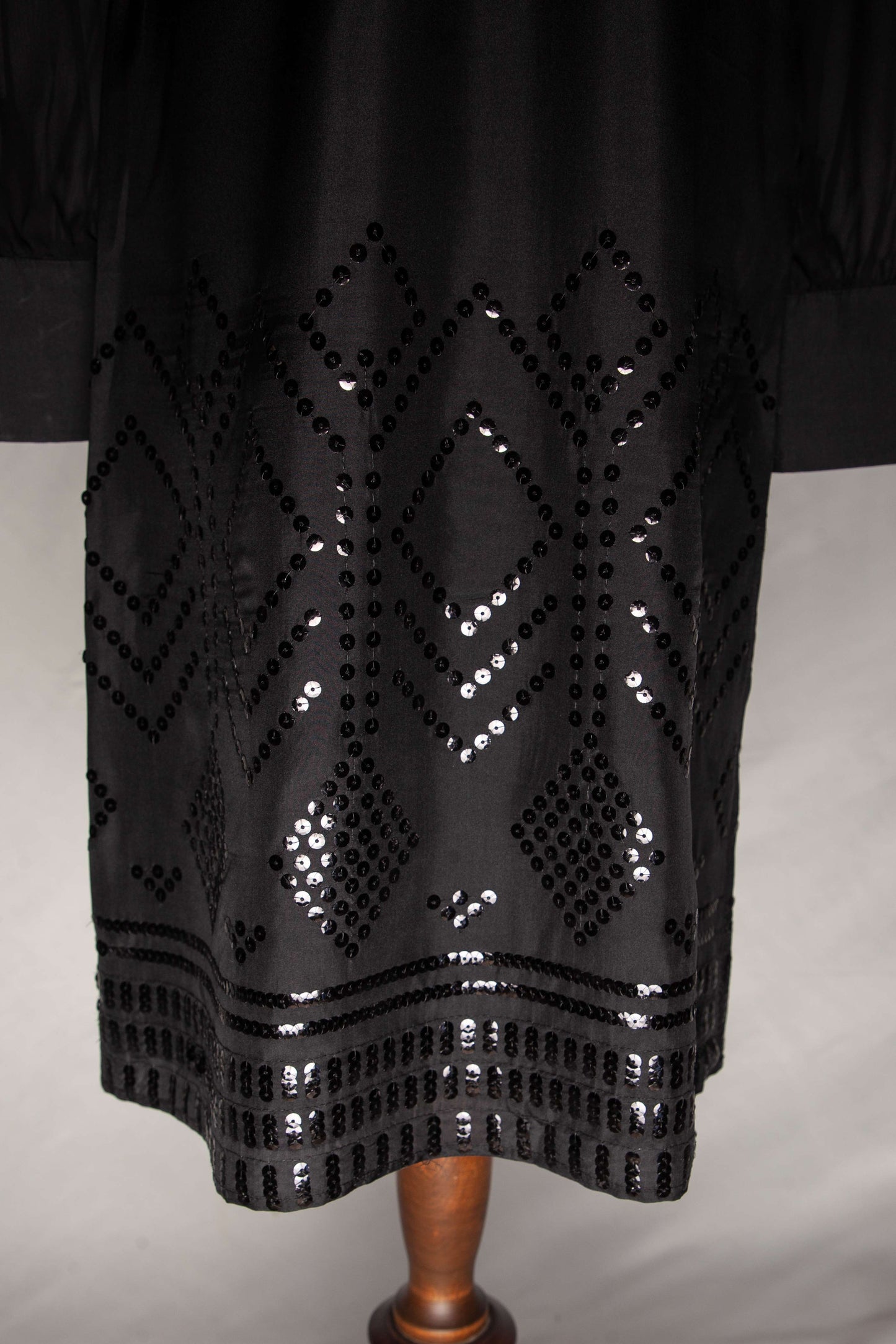 good monsoon black silk dress size s v-neck with embellished sleeves