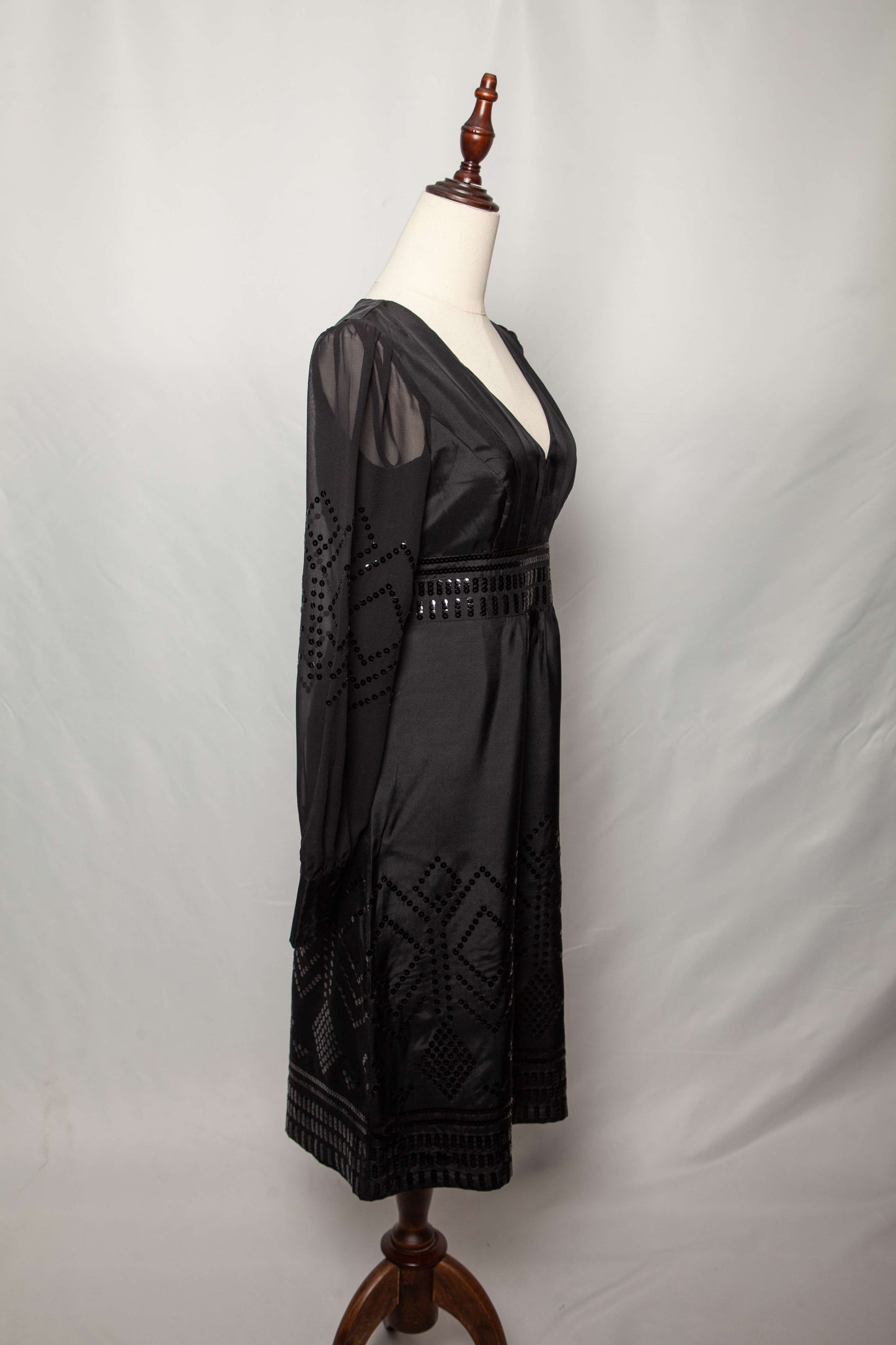 good monsoon black silk dress size s v-neck with embellished sleeves