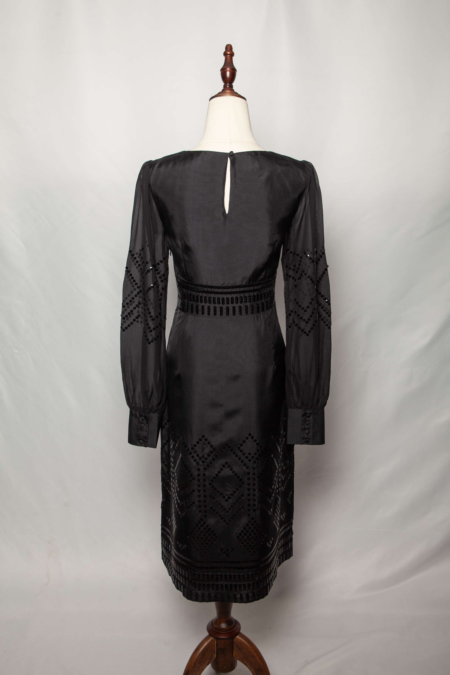 good monsoon black silk dress size s v-neck with embellished sleeves