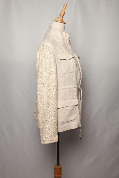 Average Generation Love White Jacket with High Collar and Textured Sleeves