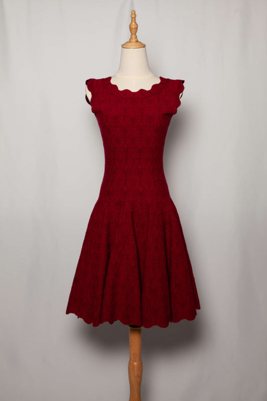 Excellent Alaia Red Cashmere Wool Dress with Scalloped Details