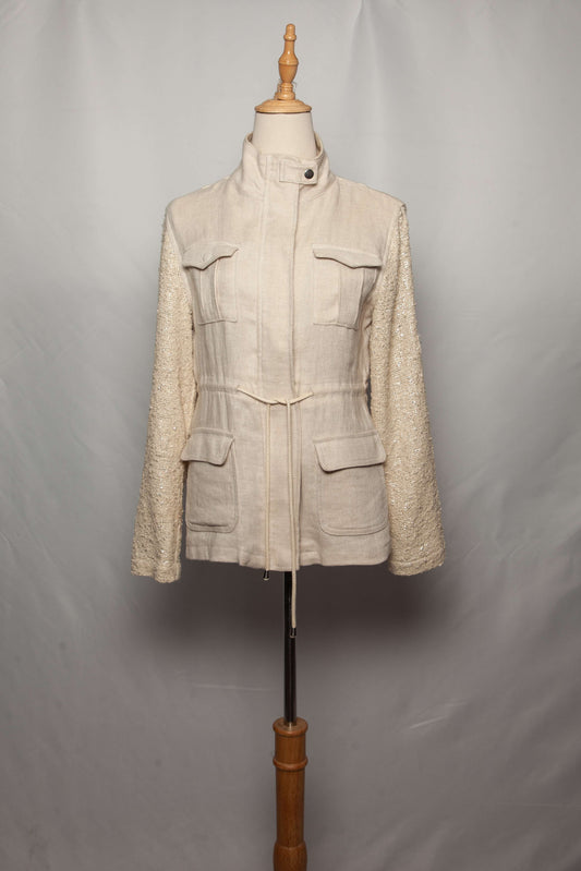 Average Generation Love White Jacket with High Collar and Textured Sleeves