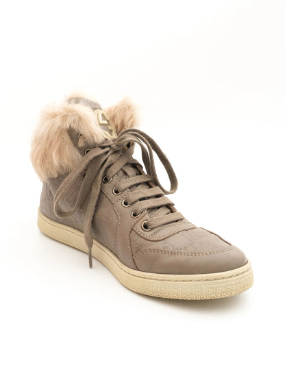 Excellent Gucci Gray Leather High-Top Sneakers with Fur Lining, Size 37