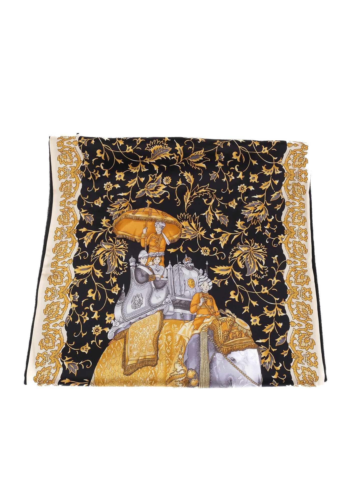 excellent feru silk scarf combined color gold black decorated elephants