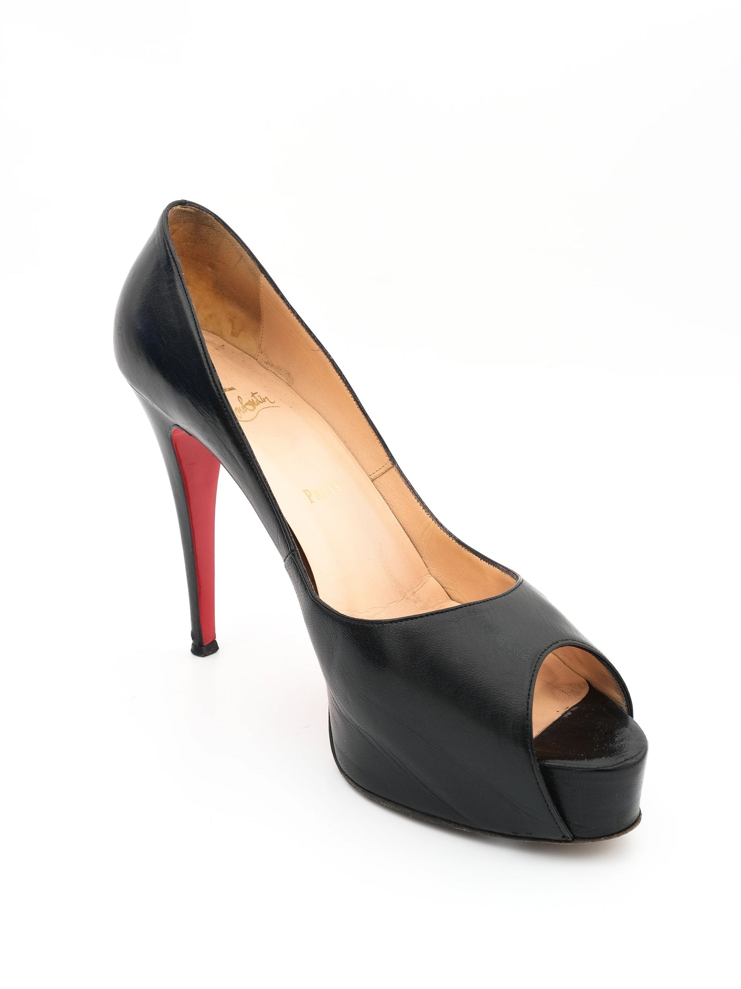 excellent christian louboutin black leather peep-toe pumps size 40