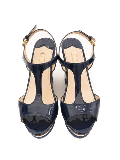 Excellent Prada Blue Leather Wedge Sandals Size 38 with Ankle Strap