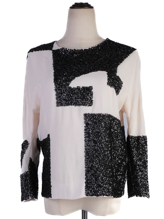 NEW By Malene Birger White Blouse XS Geometric Black Sequin Details