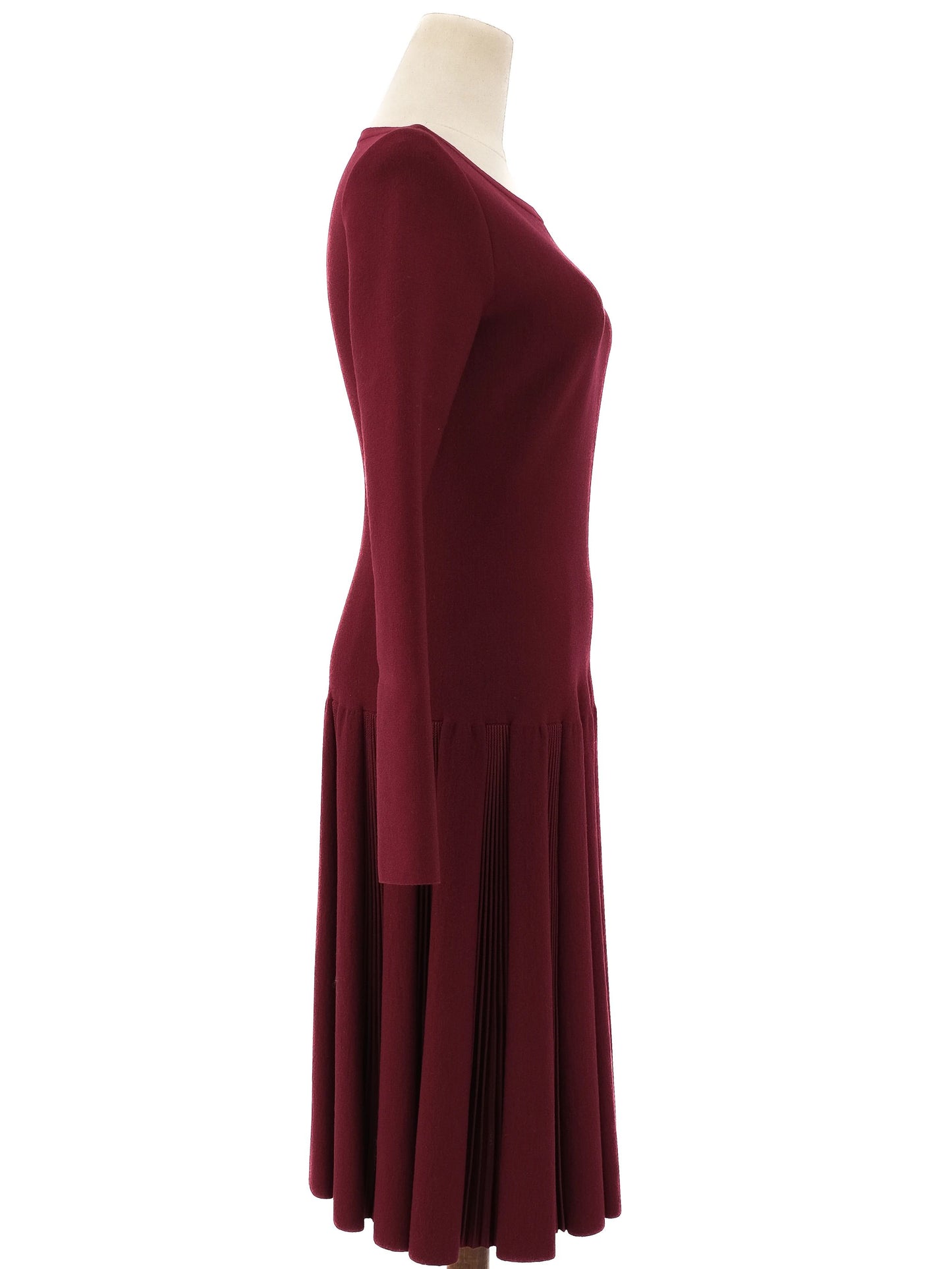 new alaia burgundy wool long sleeve dress with pleated skirt