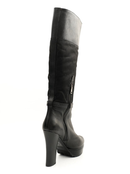 Excellent Prada Black Leather Heeled Knee-High Boots Size 35.5