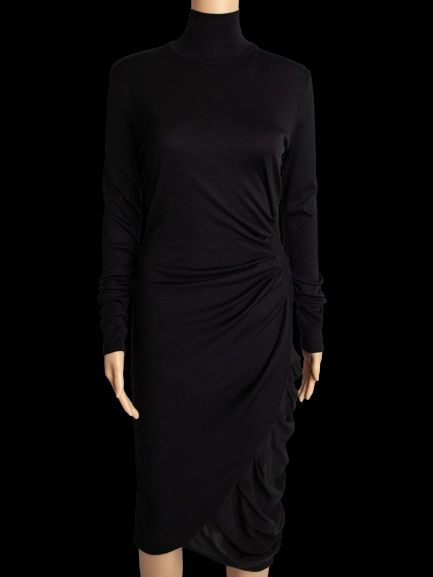 Sportmax Black Silk Long Sleeve Dress with Draped Skirt - Excellent