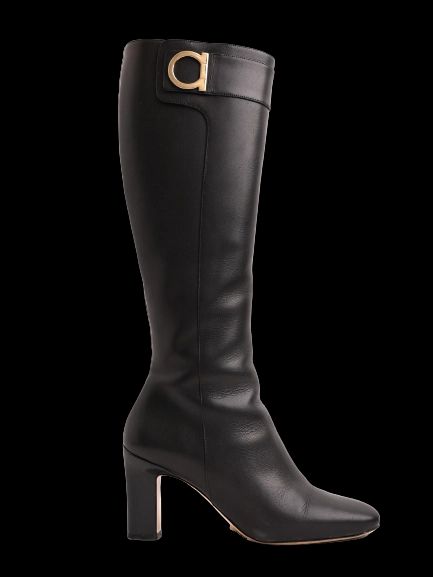 excellent salvatore ferragamo black leather knee-high boots with buckle
