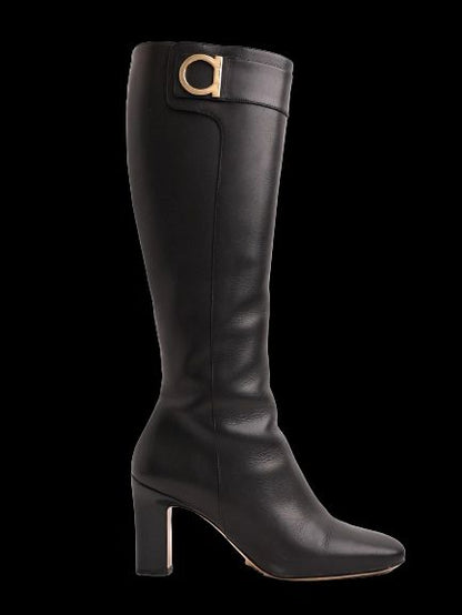 Excellent Salvatore Ferragamo Black Leather Knee-High Boots with Buckle