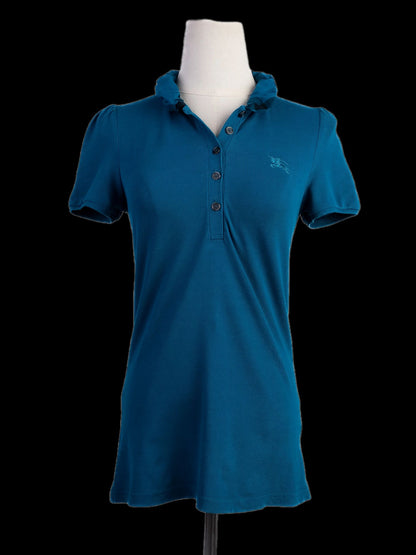 Excellent Burberry Blue Cotton Polo Shirt Women XS with Ruffle Collar