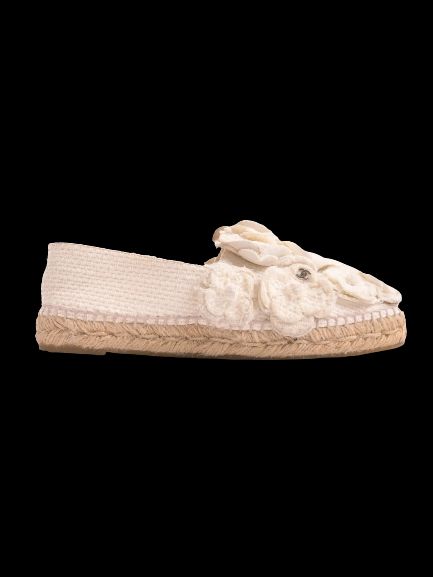 Average Condition Chanel White Espadrille Shoes with Floral Accents