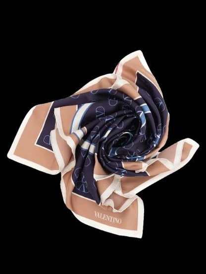 NEW Valentino Silk Scarf Combined Navy Blue & Beige with Logo