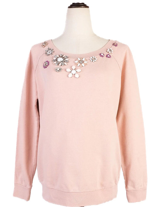 Excellent Intrend Pink Cotton Sweater Size S with Floral Embellishments