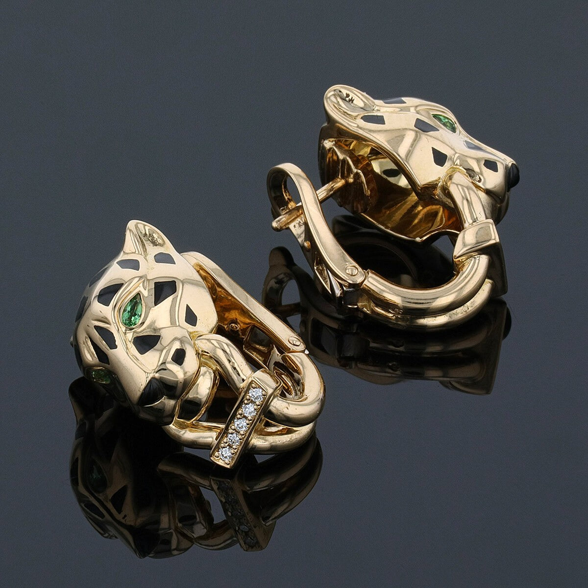 cartier panthere diamonds, garnets, lacquer and gold earrings