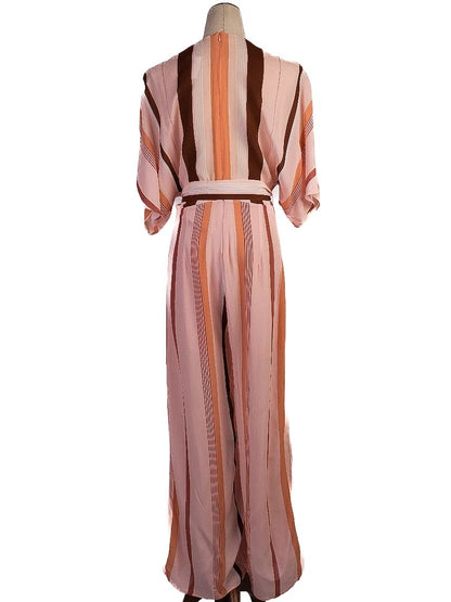 Average Condition Uterque Pink Striped Dress Size S V-Neck Wide Sleeves