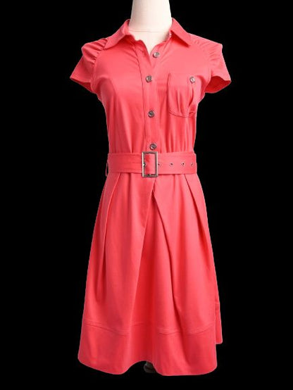 Excellent Pinko Red Cotton Dress L Size with Belt & Pleats
