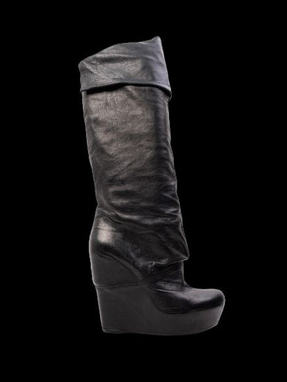 Perfect Vic Matie Black Leather High-Heeled Wedge Knee-High Boots Size 37
