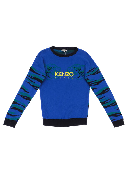Excellent Kenzo Kids Blue Wool Sweater Size 10 with Tiger Design