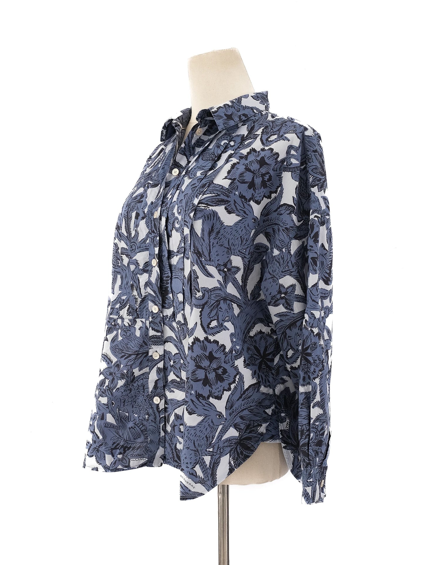burberry blue floral animal print button-up shirt women size m